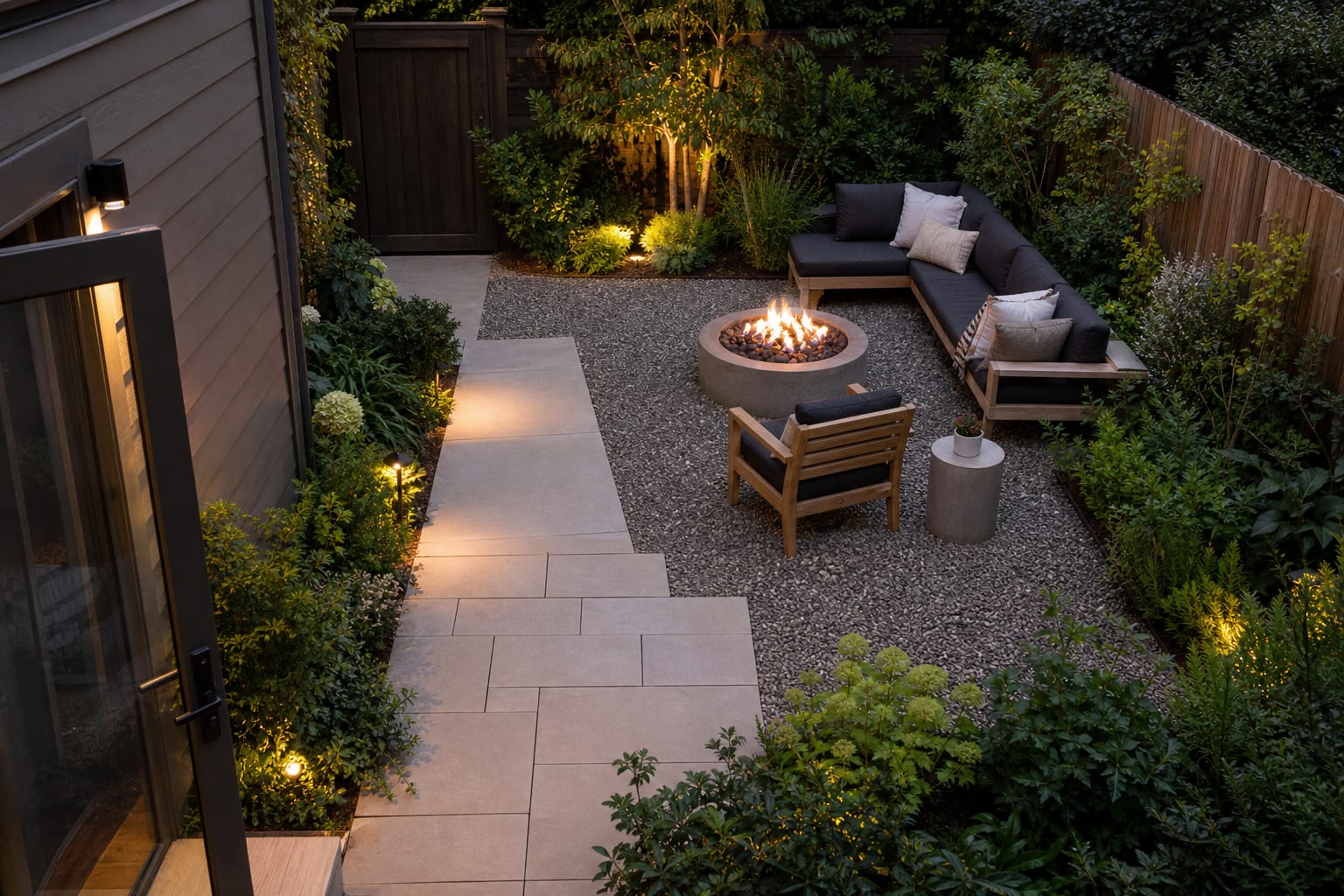 small backyard floor plan concept with a gravel lounge zone, narrow planting beds, and a clear path from the back door