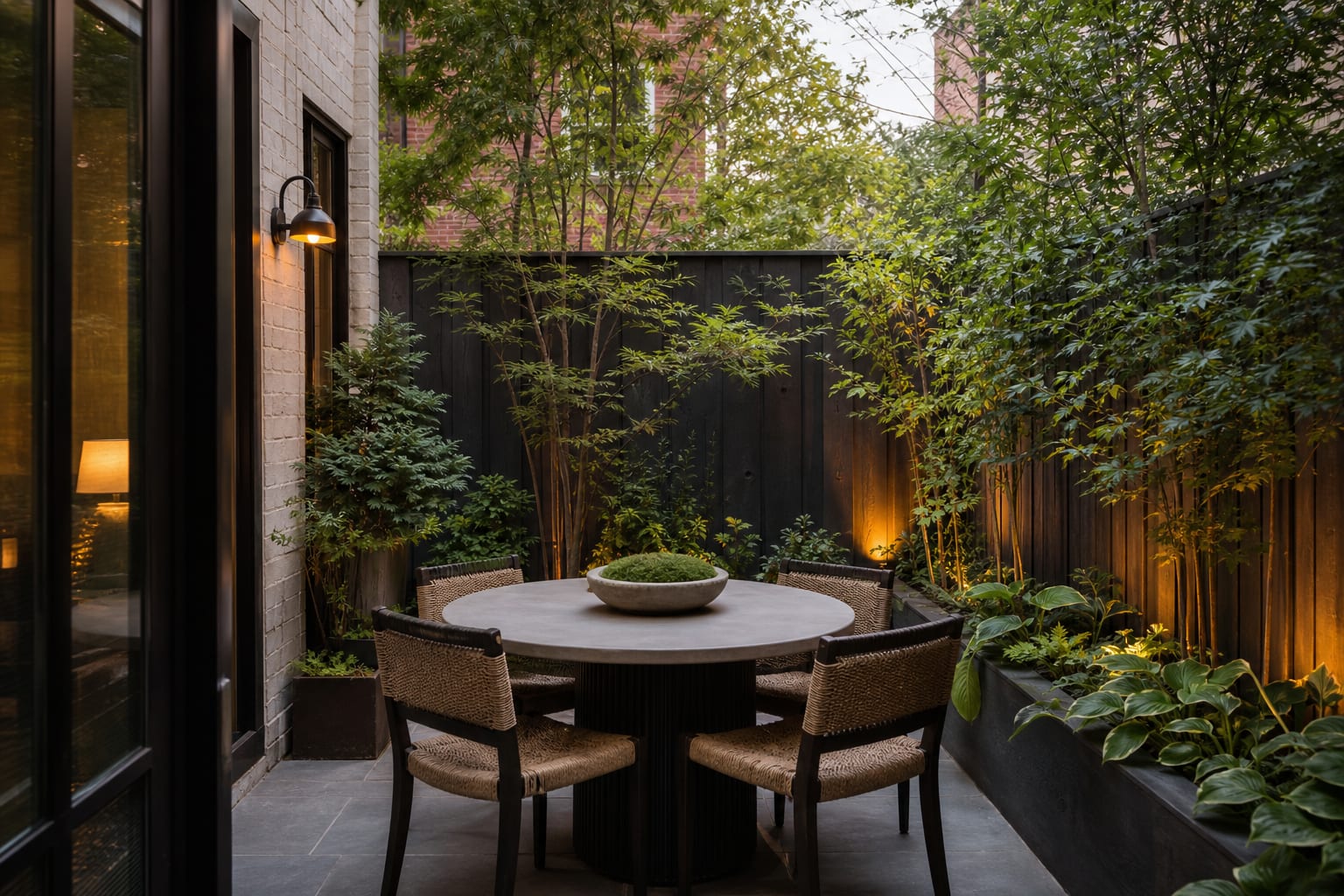tiny backyard dining area with a round table, narrow planters, warm wall lights, and a stained fence behind layered greenery