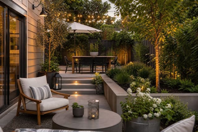 Small Backyard Ideas: Big Design for Tight Outdoor Spaces shown as a photorealistic outdoor redesign with layered materials, planting, lighting, and clear circulation