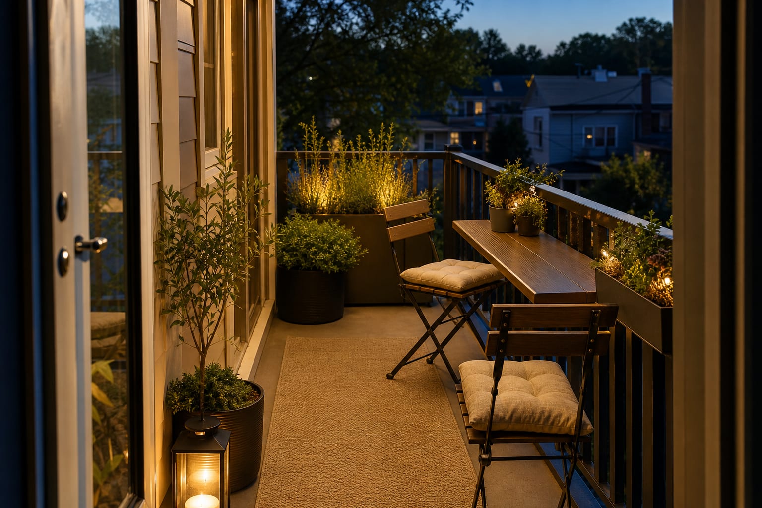 Same balcony with folding chairs, a rail-mounted table, railing planters, and a clear strip of floor for circulation.