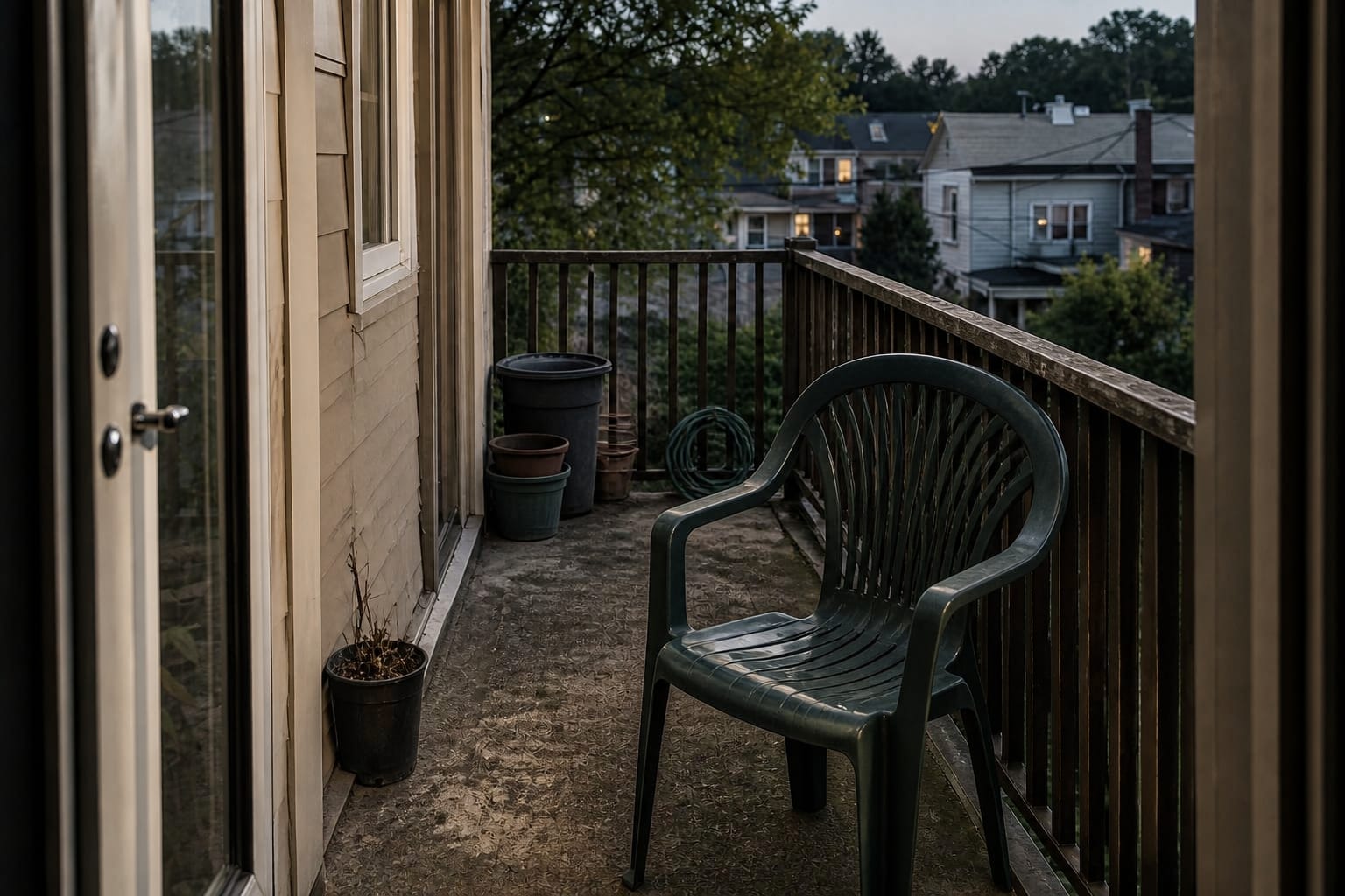 Narrow apartment balcony with an oversized outdoor chair blocking the door and loose pots crowding the walking path.