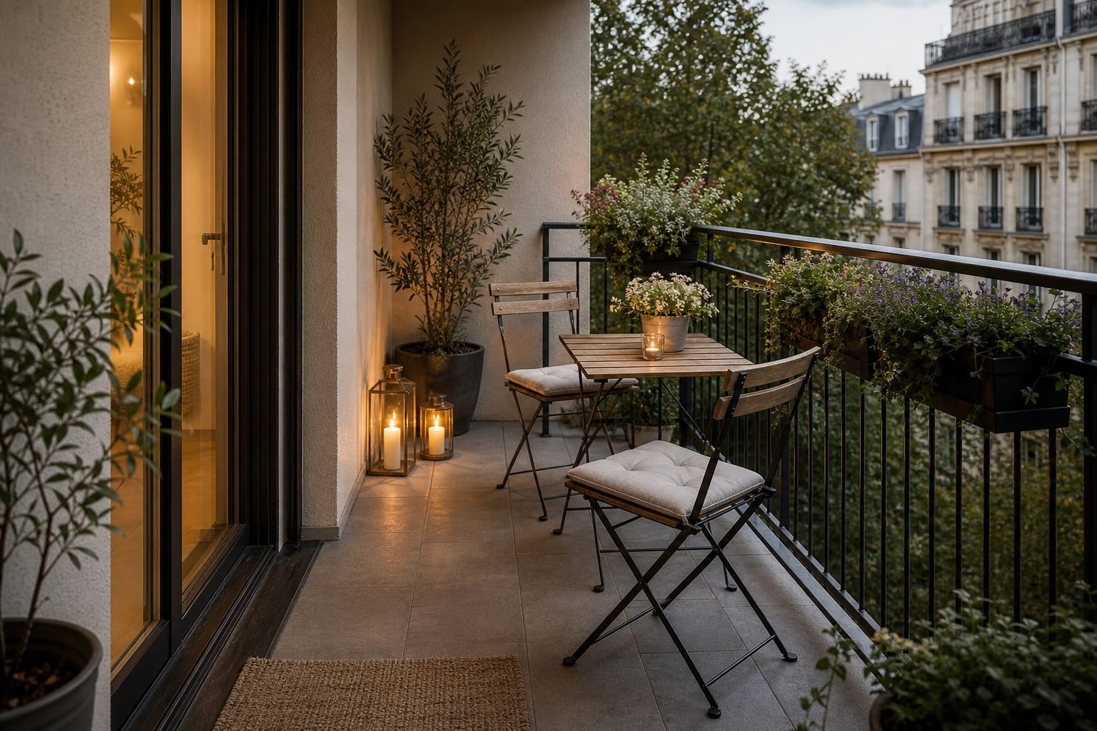 small apartment balcony with folding chairs, a slim bistro table, railing planters, and clear walking space by the door