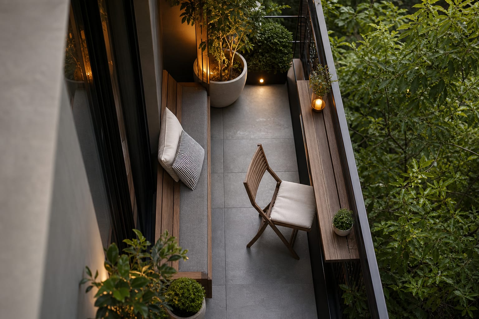 narrow balcony floor plan showing a folding chair, rail table, wall bench, and a clear 24 inch circulation path