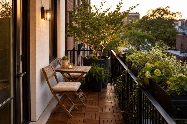 small apartment balcony with folding chairs, a slim bistro table, railing planters, and clear walking space by the door