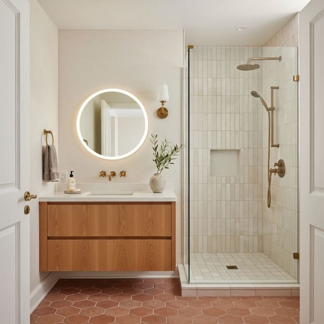 A small bathroom with a wall-hung vanity and frameless glass shower
