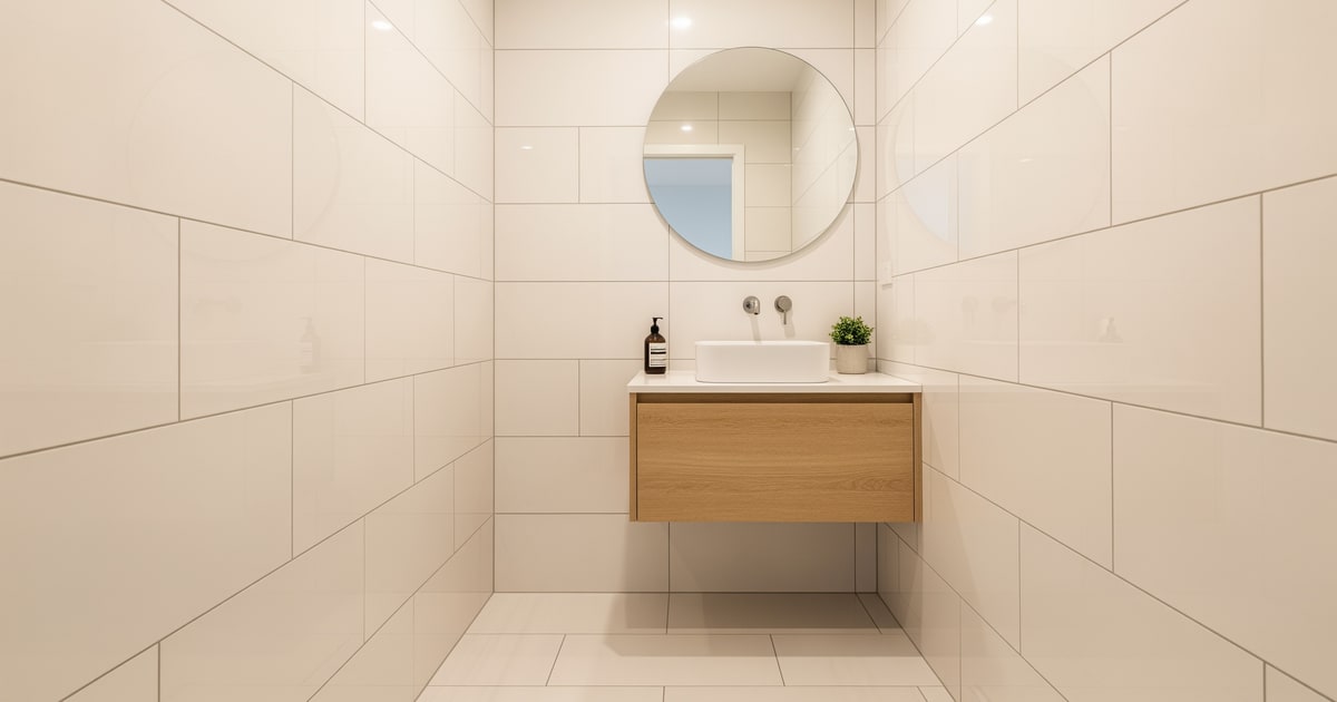 A small bathroom with large-format warm-white tile run floor-to-ceiling and matched grout
