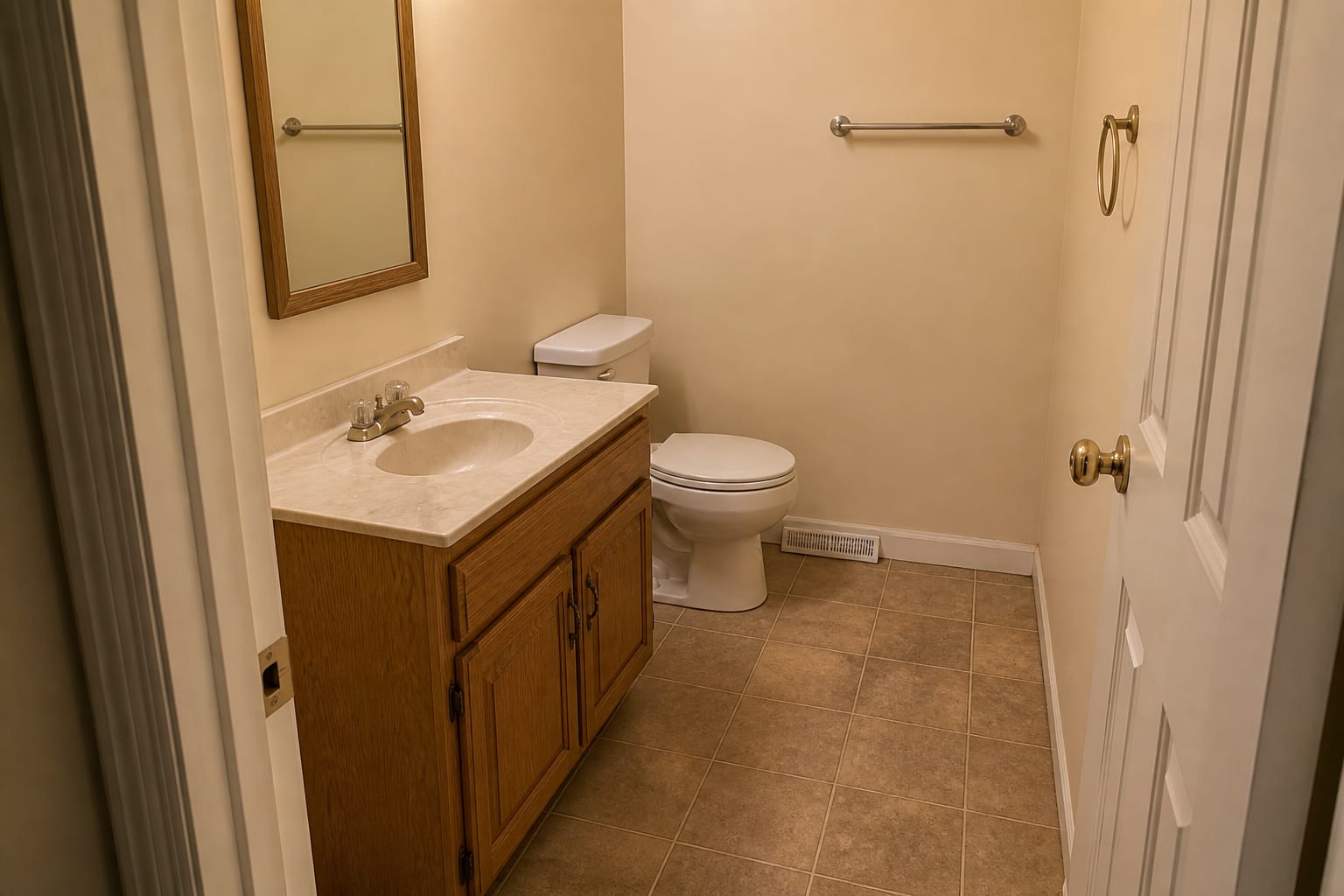Small bathroom with an oversized vanity crowding the toilet path, bulky cabinet doors, and poor mirror lighting.