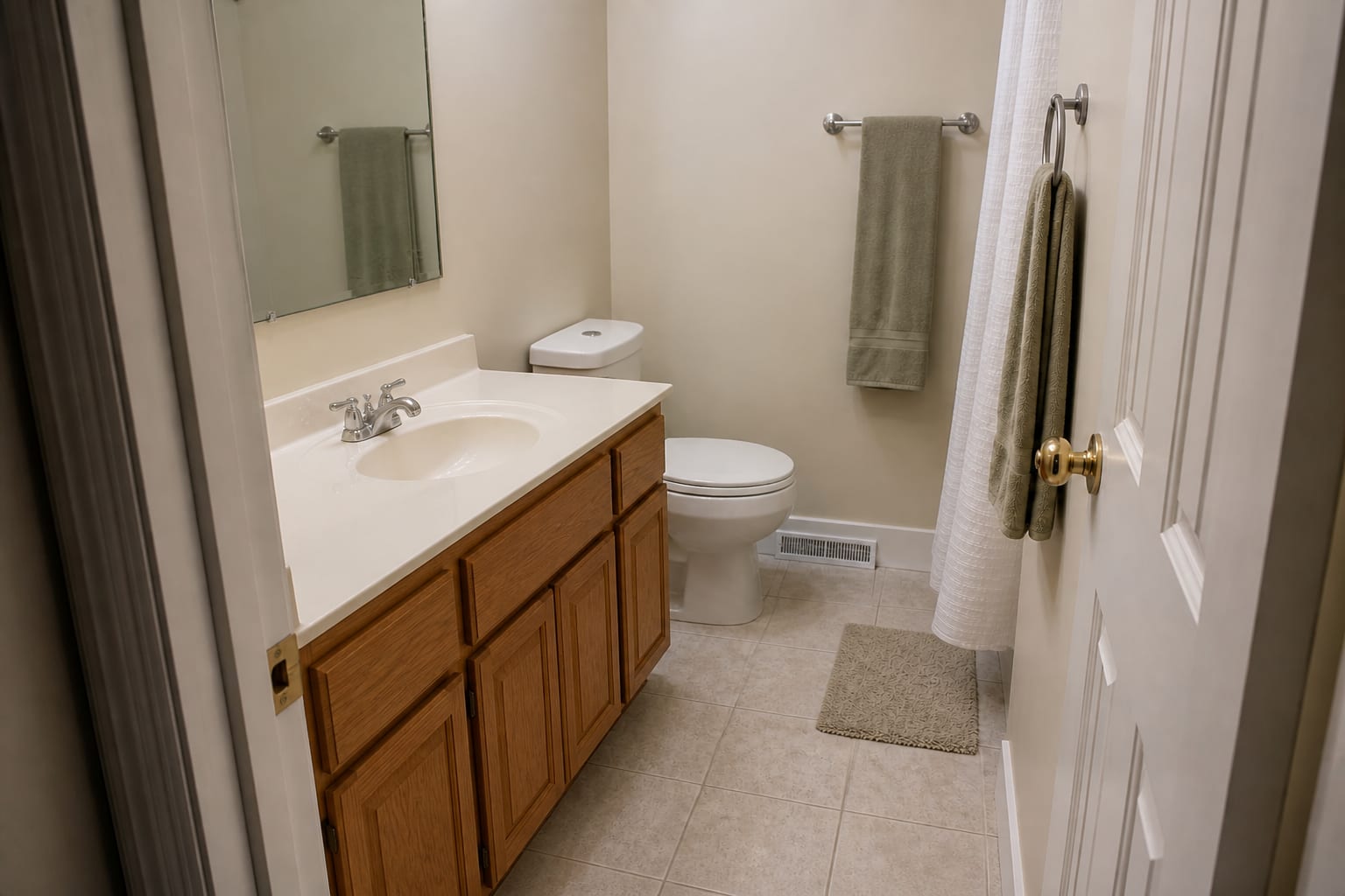 Small bathroom with an oversized vanity crowding the toilet path, bulky cabinet doors, and poor mirror lighting.