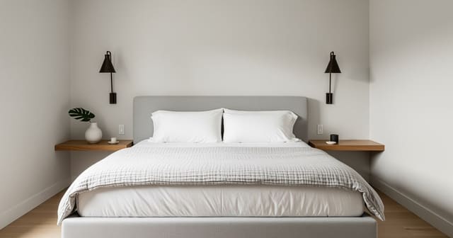 A small bedroom with a king-size platform bed, wall-mounted sconces, and floating shelves as nightstands