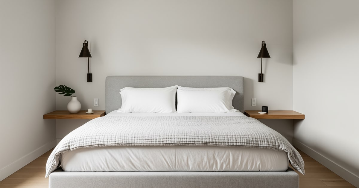 A small bedroom with a king-size platform bed, wall-mounted sconces, and floating shelves as nightstands