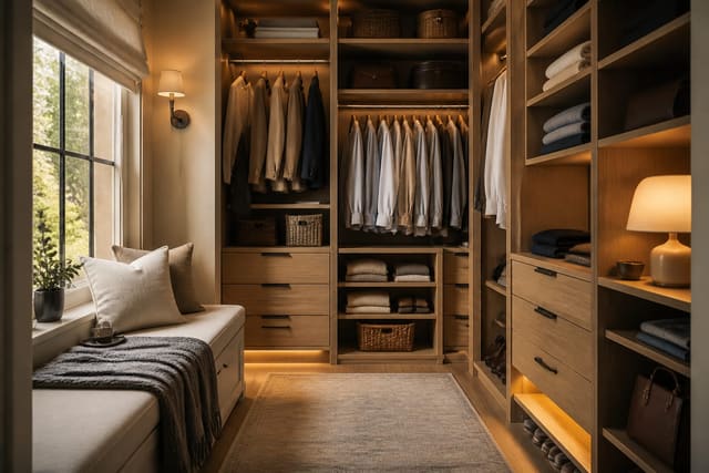Editorial interior photograph showing small closet ideas that triple your usable space in a real closet, with warm residential materials, layered lighting, functional furniture placement, and a magazine-quality composition.
