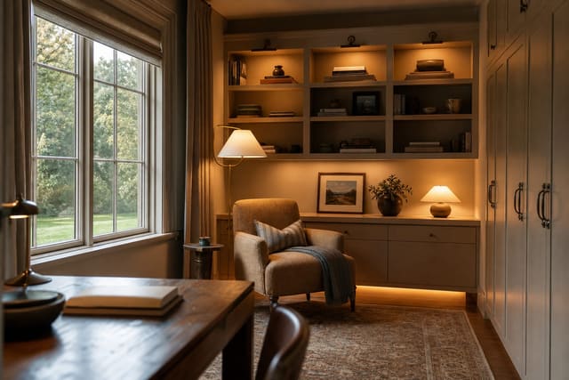 small bonus room with a reading chair, wall shelves, warm lamp light, and concealed storage replacing clutter