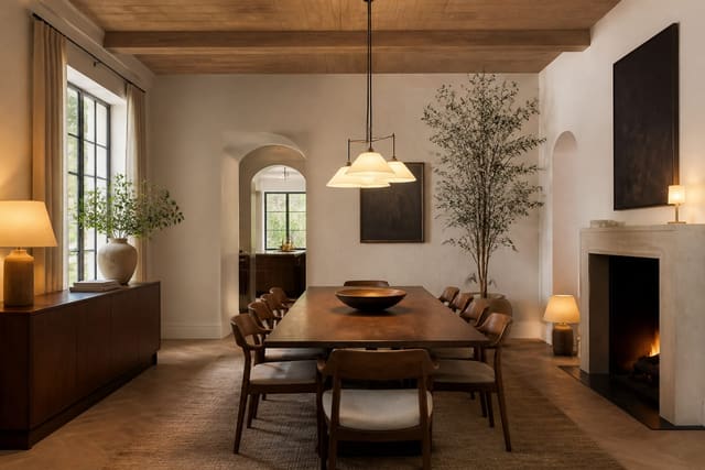 Editorial interior photograph showing small dining room ideas that seat more than you'd think in a real dining room, with warm residential materials, layered lighting, functional furniture placement, and a magazine-quality composition.