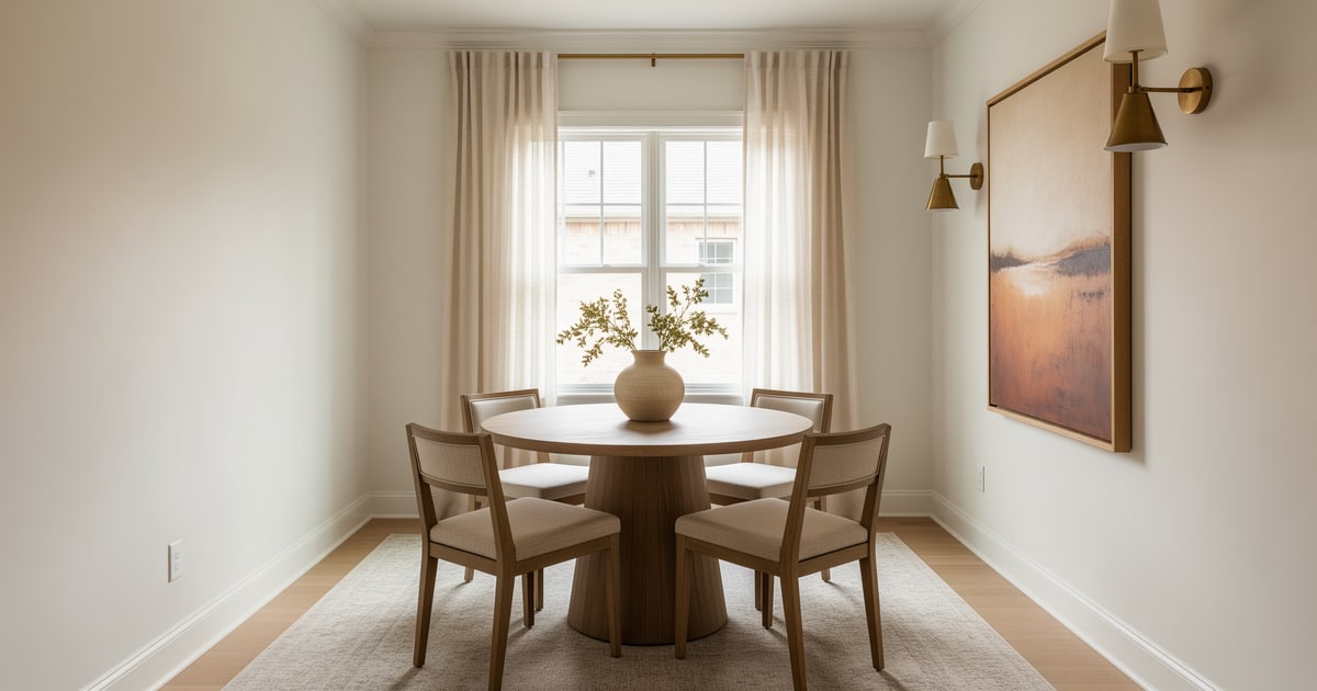 A small dining room under 100 sq ft with a round pedestal table, armless chairs, and warm sconces