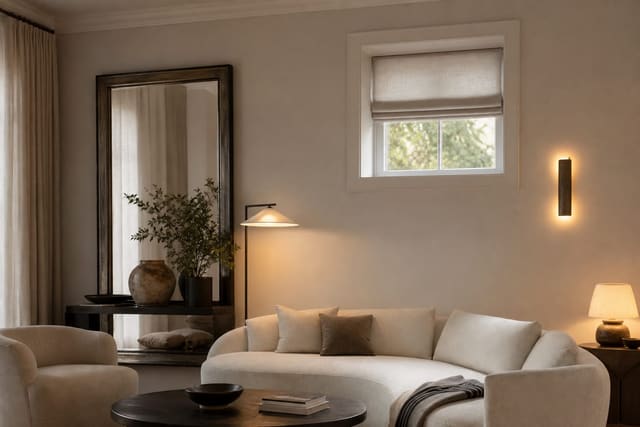 small high window framed with linen roman shade, tall side panels, warm wall light, and a mirror reflecting daylight