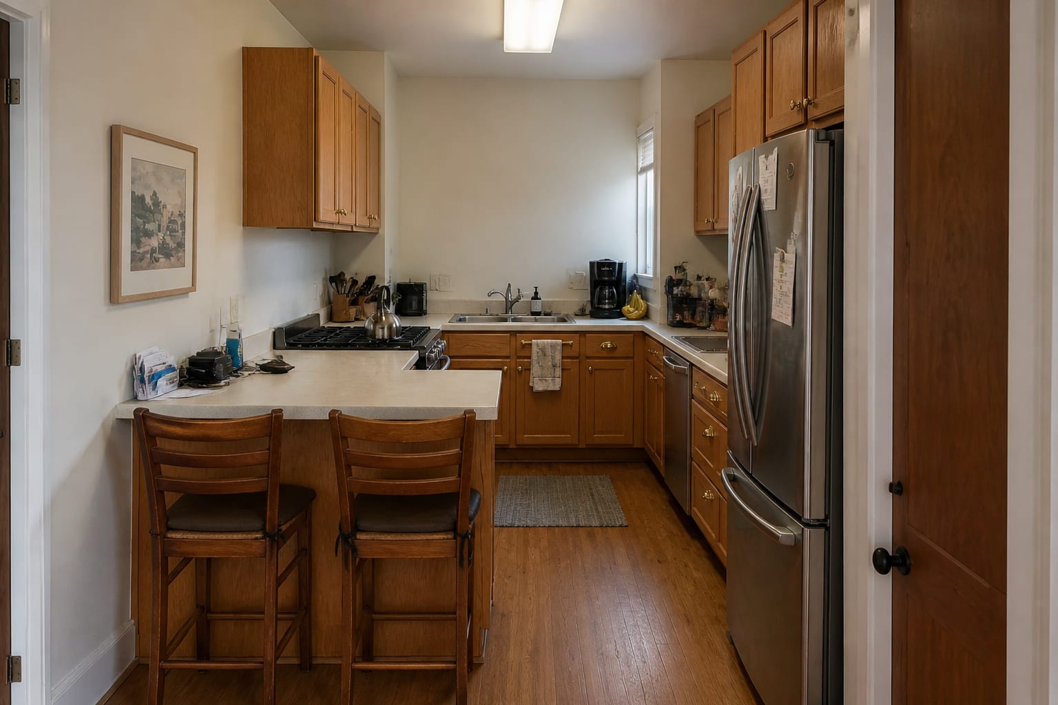 Small galley kitchen with oak builder cabinets, brass knobs, cluttered counters, fluorescent ceiling light, and no under-cabinet lighting.