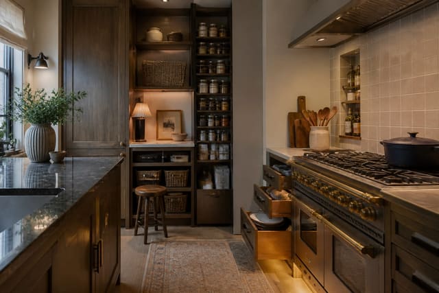 Editorial interior photograph showing small kitchen storage ideas: use every cubic inch in a real kitchen, with warm residential materials, layered lighting, functional furniture placement, and a magazine-quality composition.