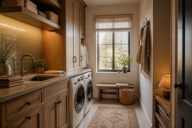 Editorial interior photograph showing small laundry room ideas that fit a full setup in a real laundry room, with warm residential materials, layered lighting, functional furniture placement, and a magazine-quality composition.