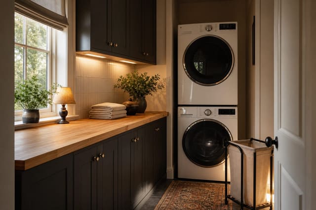 compact laundry room with stacked machines, a butcher-block folding shelf, wall cabinets, and a narrow rolling hamper