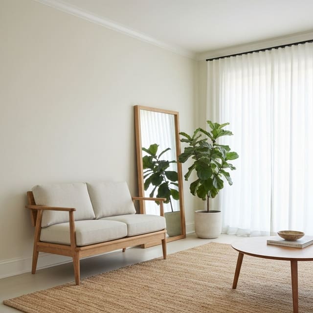 A small living room styled to feel larger with light colors and exposed-leg furniture