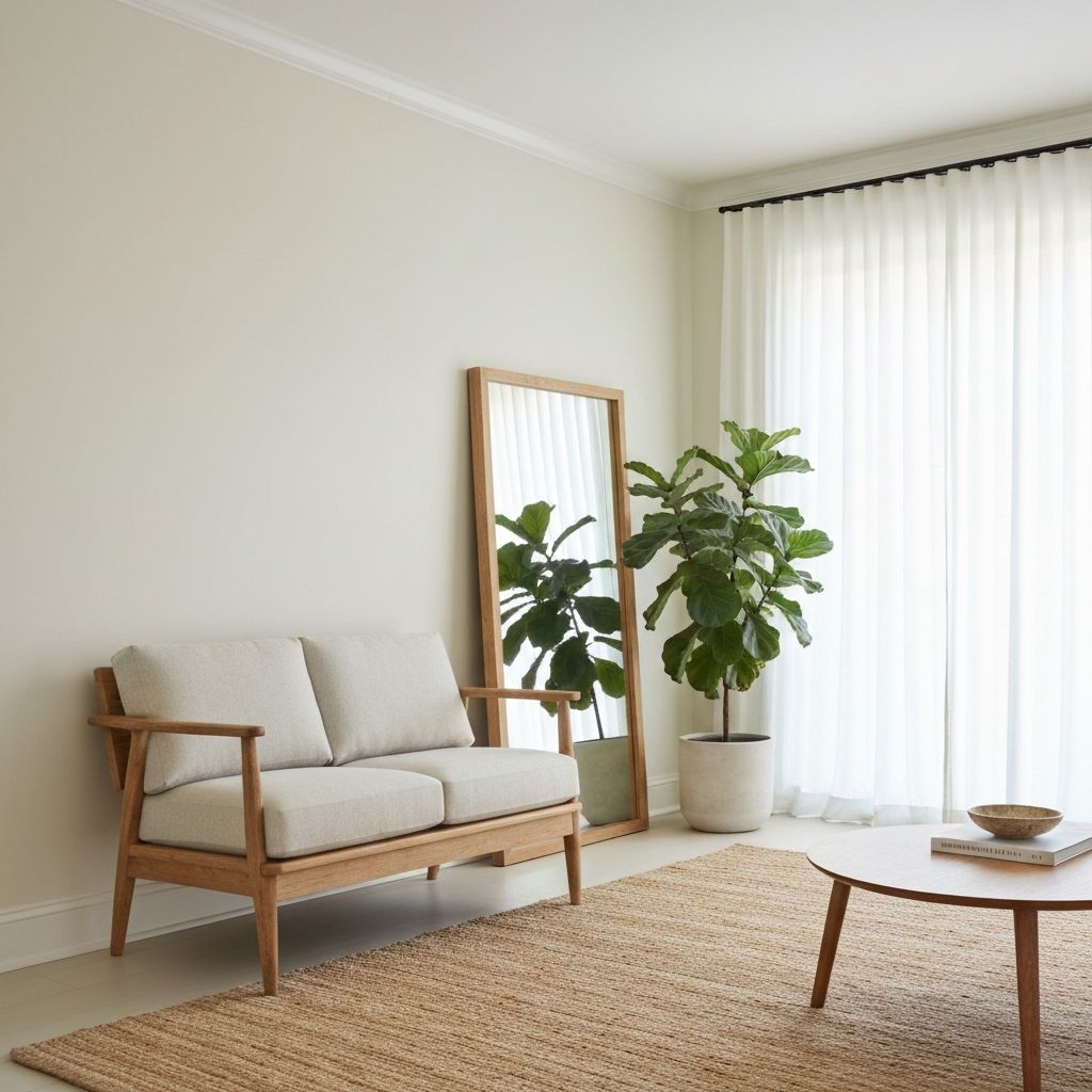 A small living room styled to feel larger with light colors and exposed-leg furniture