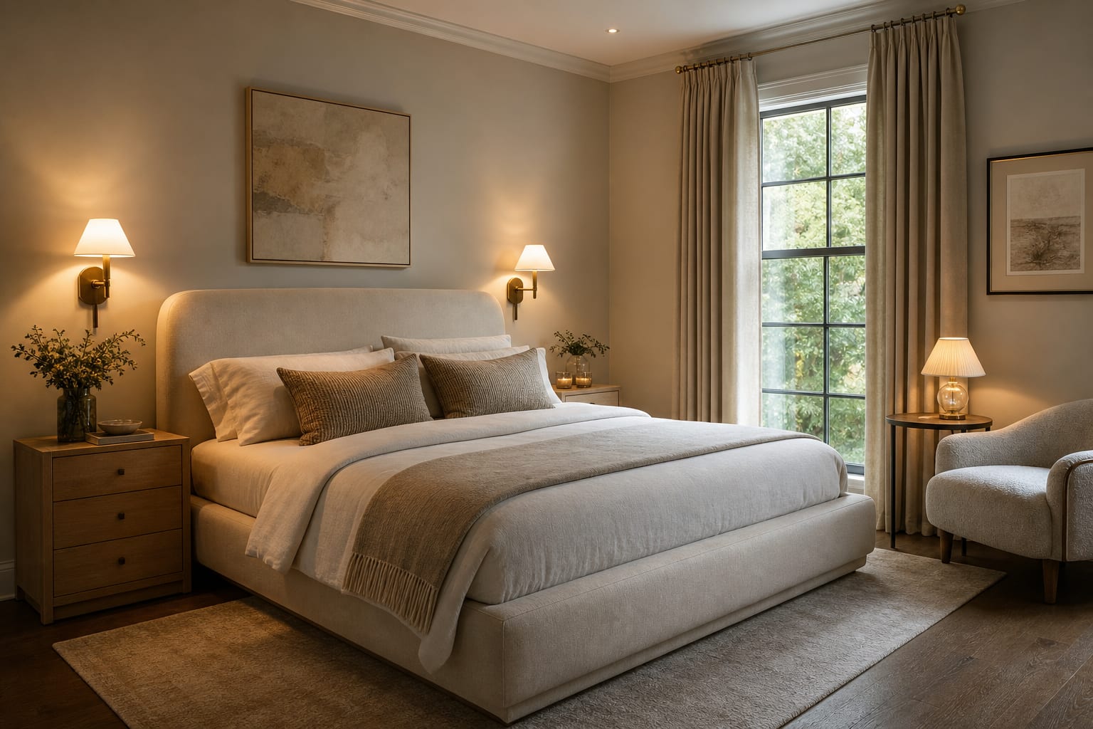 small luxury primary bedroom with upholstered bed, wall sconces, linen drapery, and narrow oak nightstands