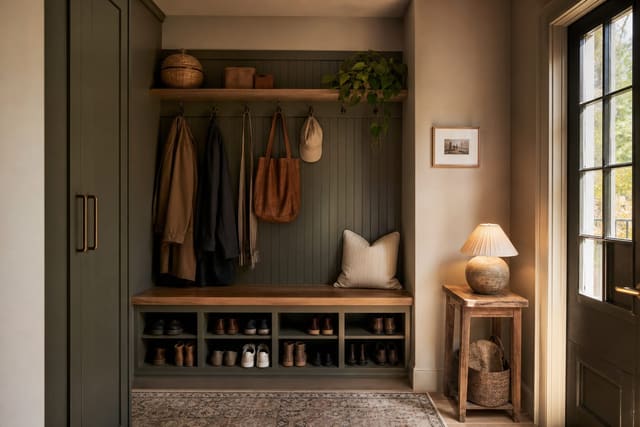 small entry closet converted into a mudroom with hooks, shoe cubbies, a narrow bench, and warm washable paint