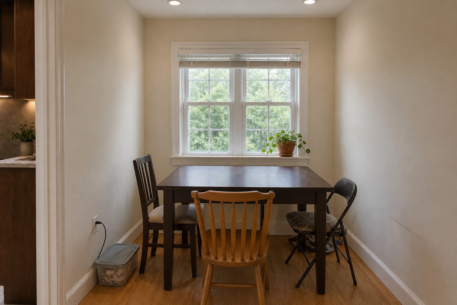 Cramped breakfast nook with an oversized rectangular table, mismatched chairs, heavy drapes, and harsh overhead can lights.