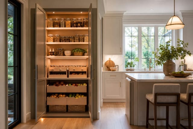 compact kitchen pantry cabinet beside a bright kitchen with labeled shelves, pull-out bins, and clear floor space
