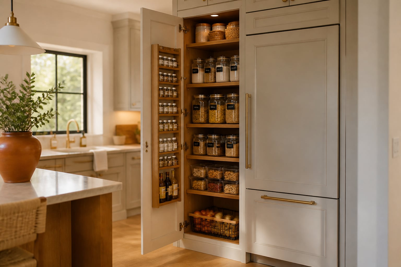Same slot replaced with a tall soft-white cabinet pantry, doors open to show fitted walnut shelves with labeled glass canisters, clear snack bins, a pull-out potato basket, and a door-mounted spice rack.