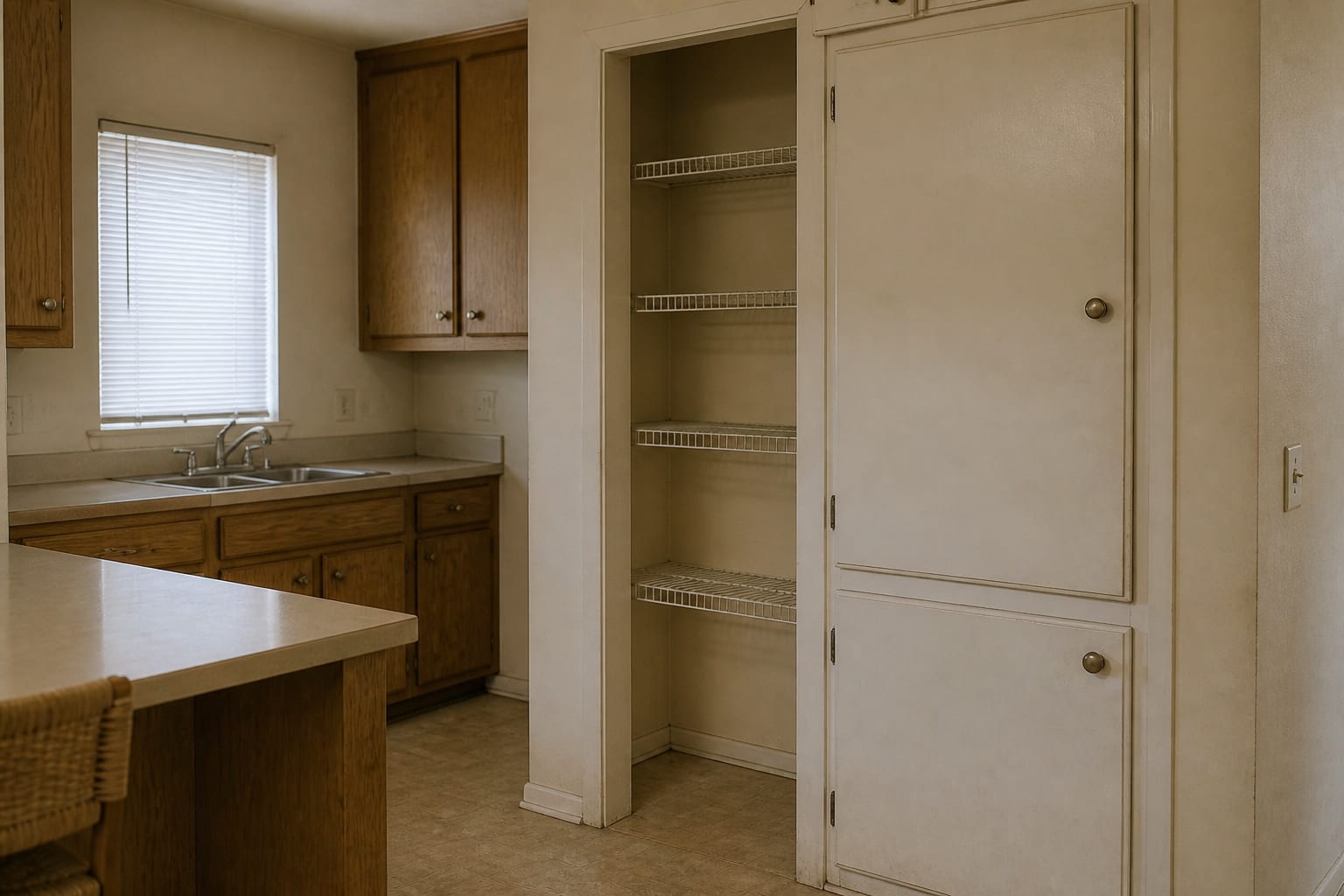 Compact 30-inch kitchen slot filled with chaotic open wire shelving — leaning cereal boxes, spilling chip bags, tipped olive oil, crumpled grocery bags, and expired coupons.