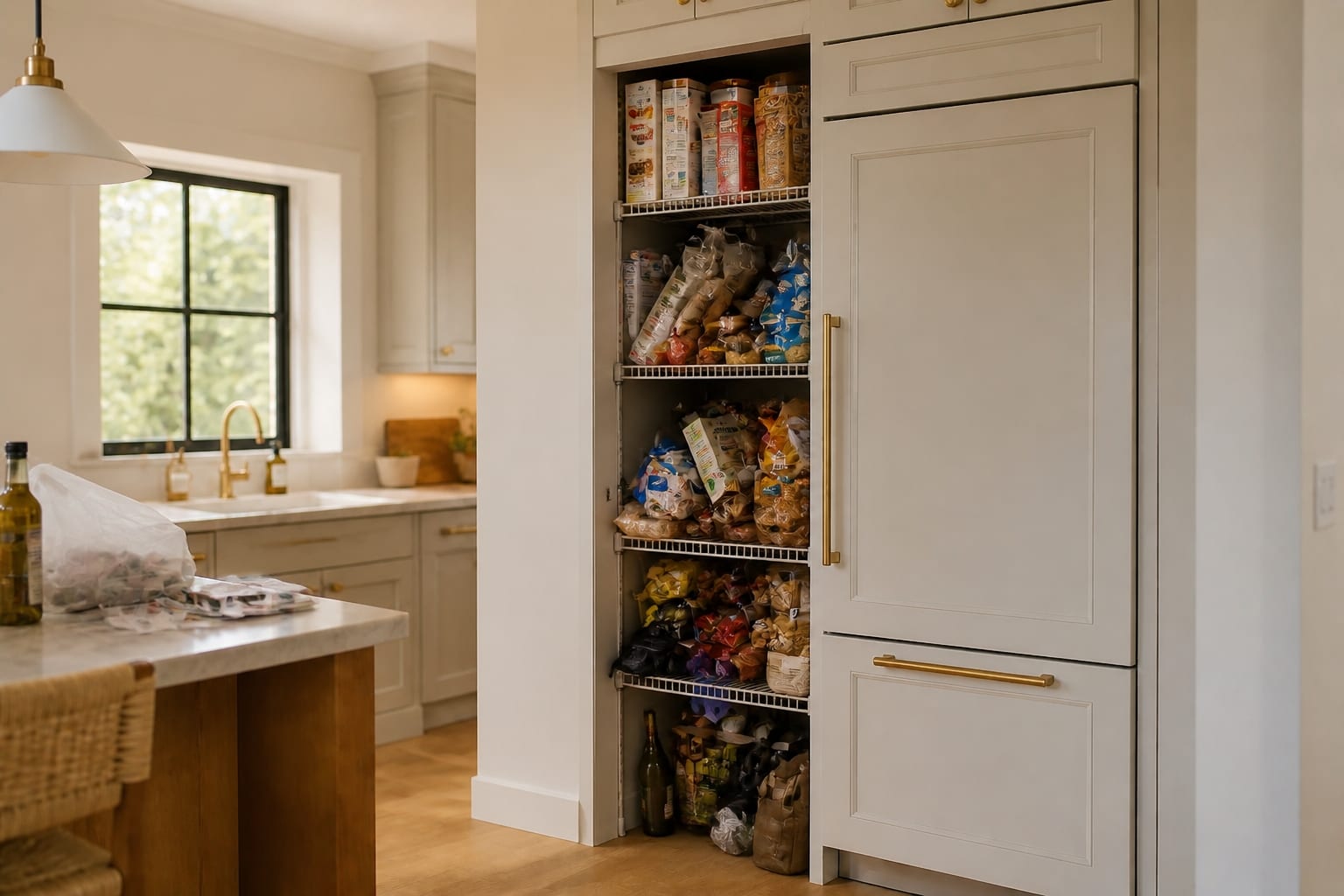Compact 30-inch kitchen slot filled with chaotic open wire shelving — leaning cereal boxes, spilling chip bags, tipped olive oil, crumpled grocery bags, and expired coupons.