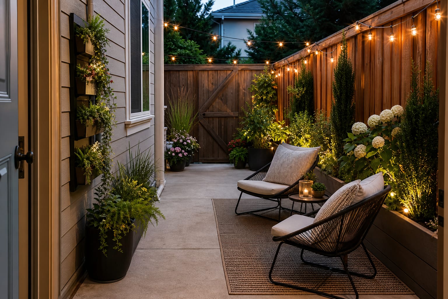 Same small patio with compact lounge chairs, edge planters, a slim table, warm lighting, and a clear walking path.