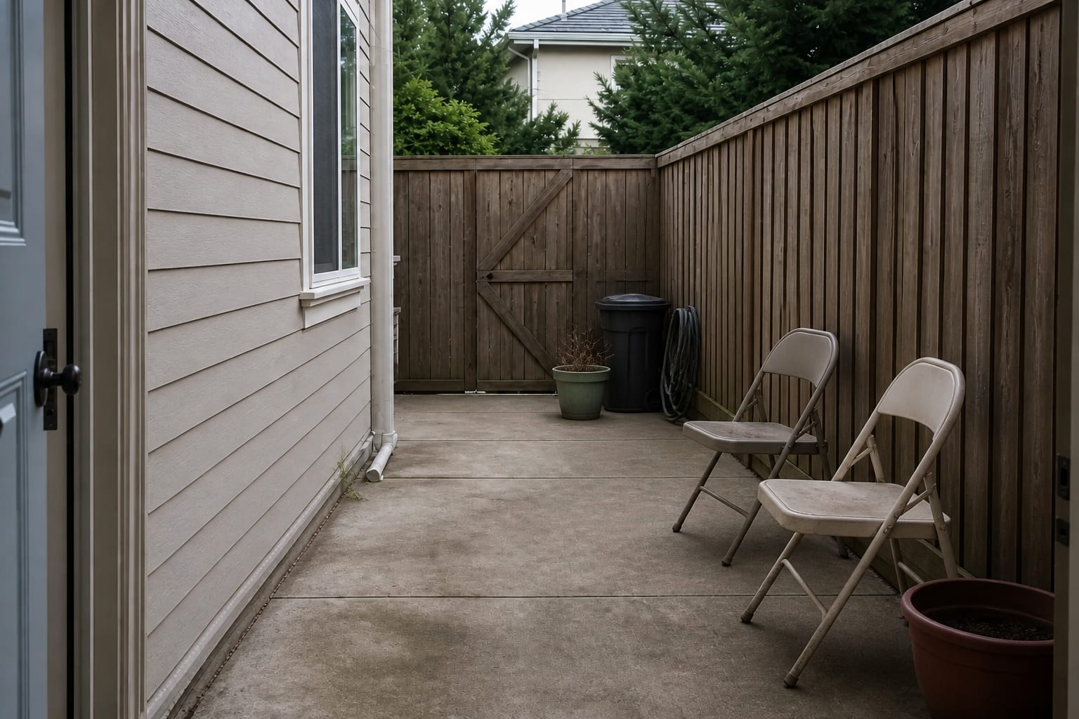 Bare small patio with mismatched folding chairs, scattered pots, and no defined seating zone or lighting plan.