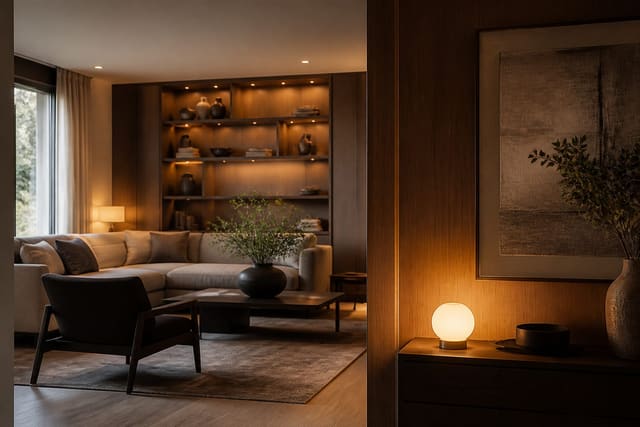 Smart Home Interior Design: Tech That Disappears Into the Room, shown as warm editorial Re-Design photography with believable residential scale, no overlaid text, no watermark