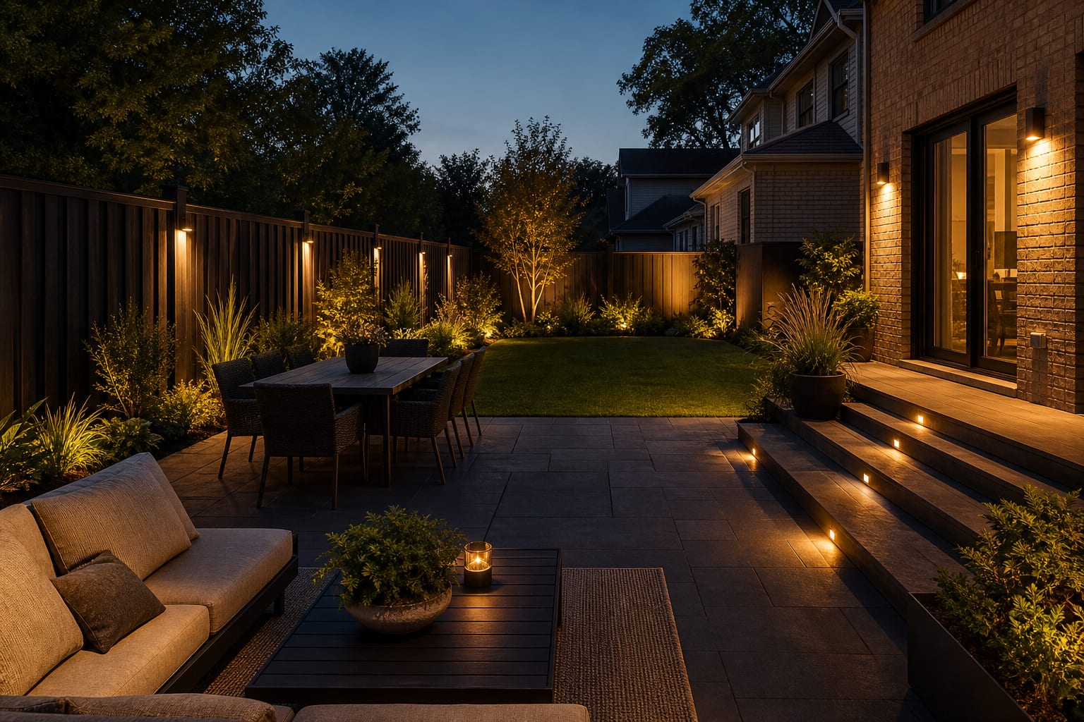 Same backyard patio with warm smart path lights, app-controlled wall sconces, and soft landscape accents around planting and seating.