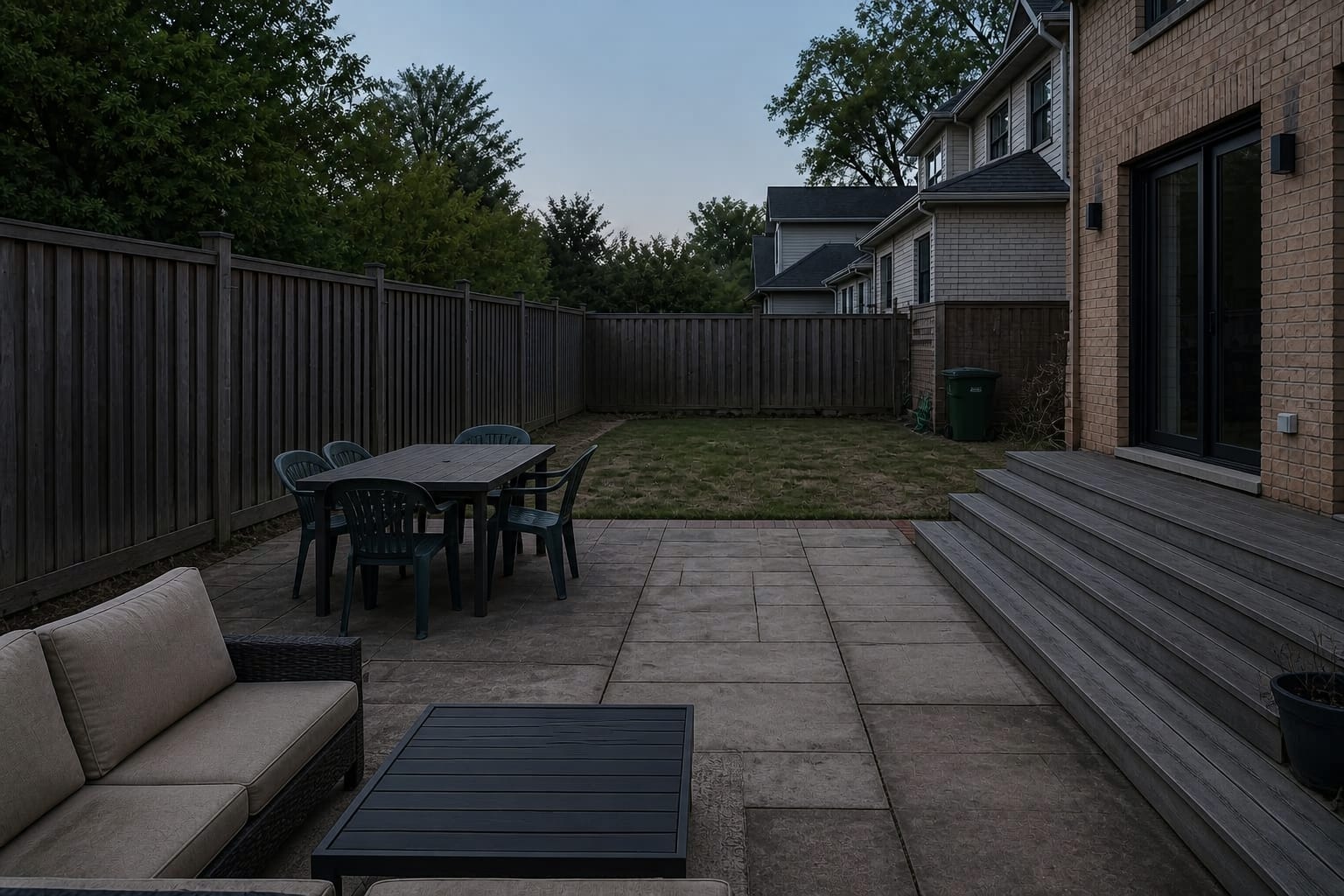 Backyard patio at dusk with dark paving, unlit fence line, shadowy steps, and a dining table that disappears into the yard.