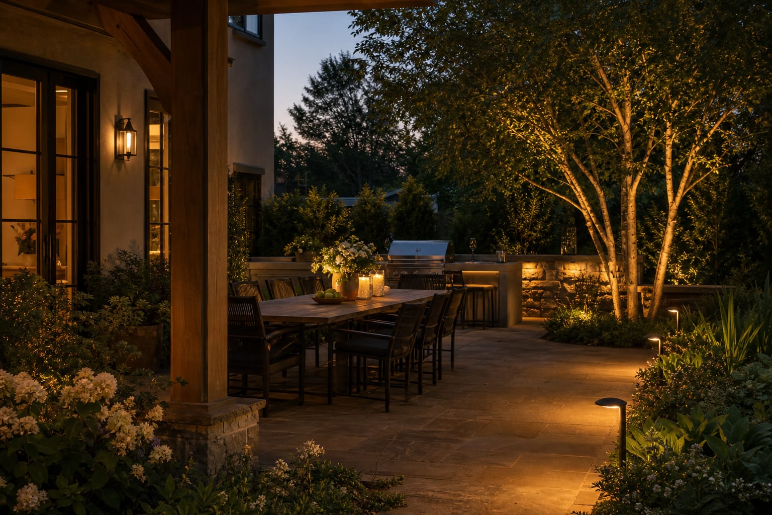 Backyard dining patio with warm smart path lights, low-voltage tree accents, and app-controlled sconces at dusk