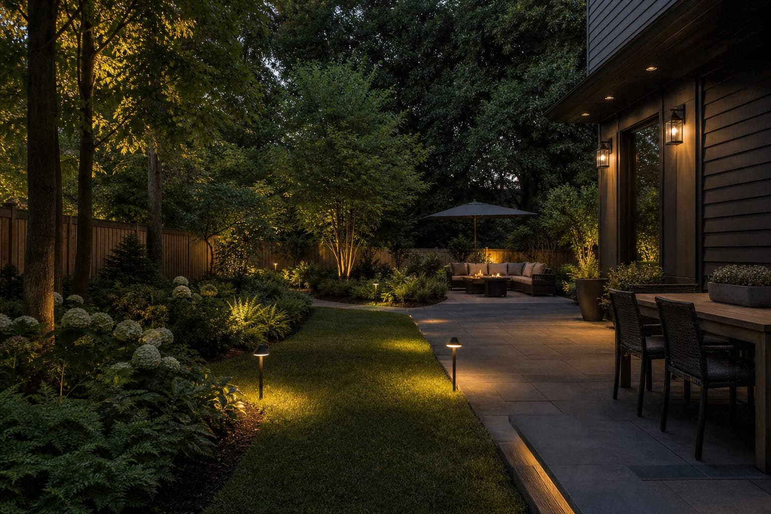 Phone preview of backyard lighting options showing warm path lights, dim patio sconces, and a darker garden edge
