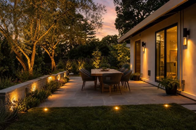 Backyard dining patio with warm smart path lights, low-voltage tree accents, and app-controlled sconces at dusk