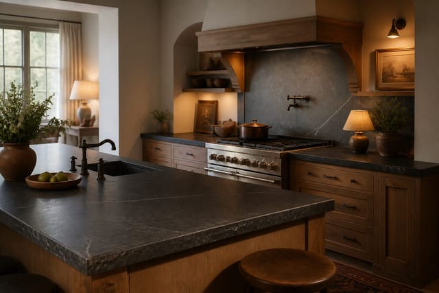 Soapstone Countertop Guide: The Understated Stone Worth Knowing, shown as warm editorial Re-Design photography of a warm editorial kitchen design scene with believable residential scale, no overlaid text, no watermark