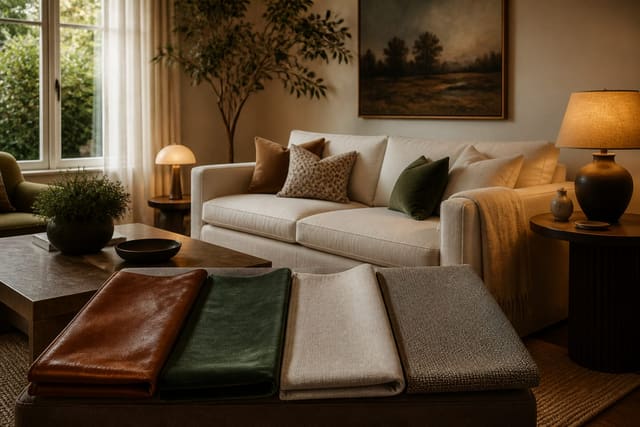 Sofa Material Guide: Leather, Velvet, Linen, and Performance Fabrics, shown as warm editorial Re-Design photography of a living room with leather, linen, velvet, and performance-fabric sofa samples styled beside a finished seating area at believable residential scale, no overlaid text, no watermark