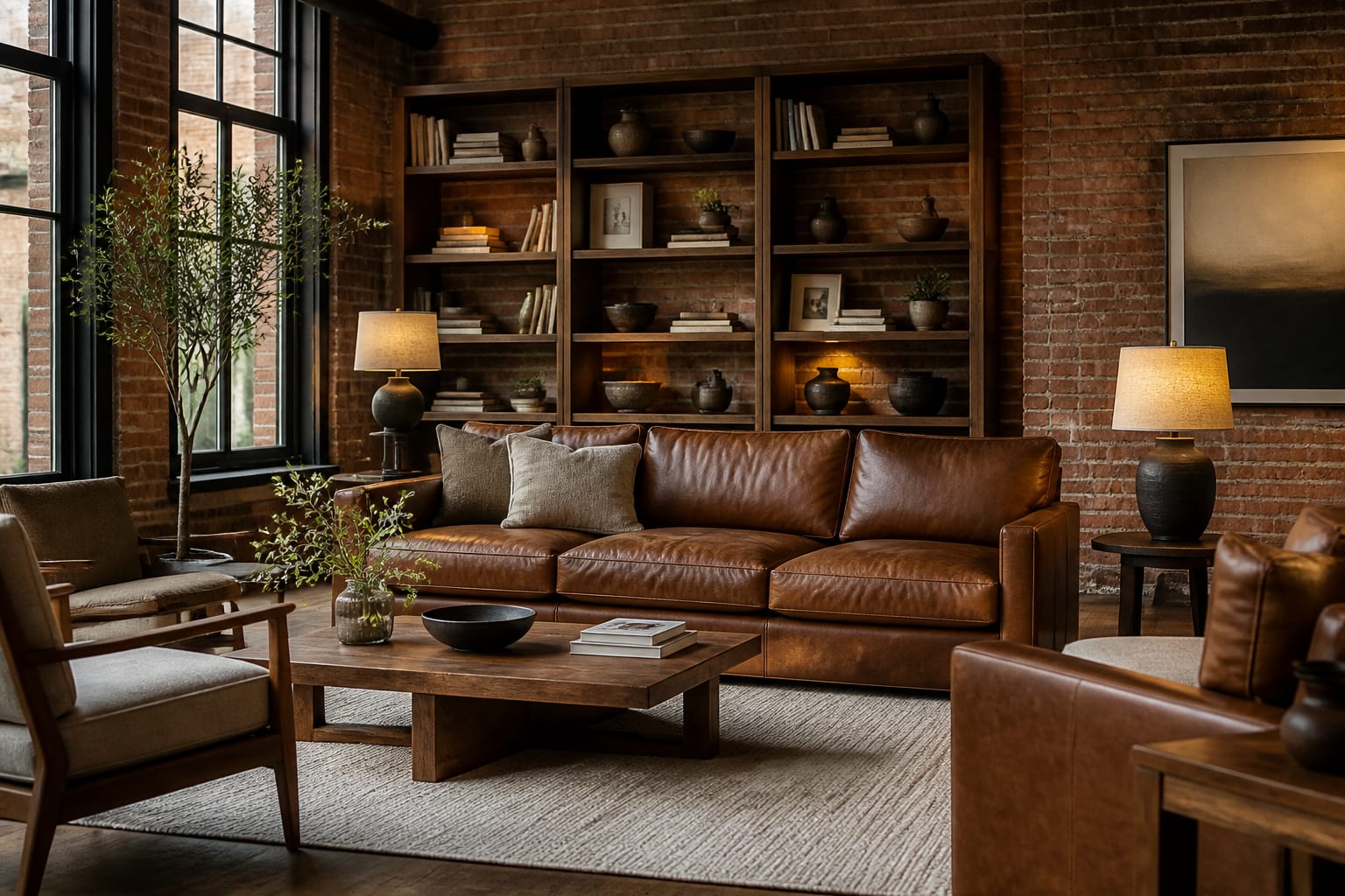 soft industrial living room with exposed brick, cognac leather, warm wood shelves, wool rug, and shaded lamps