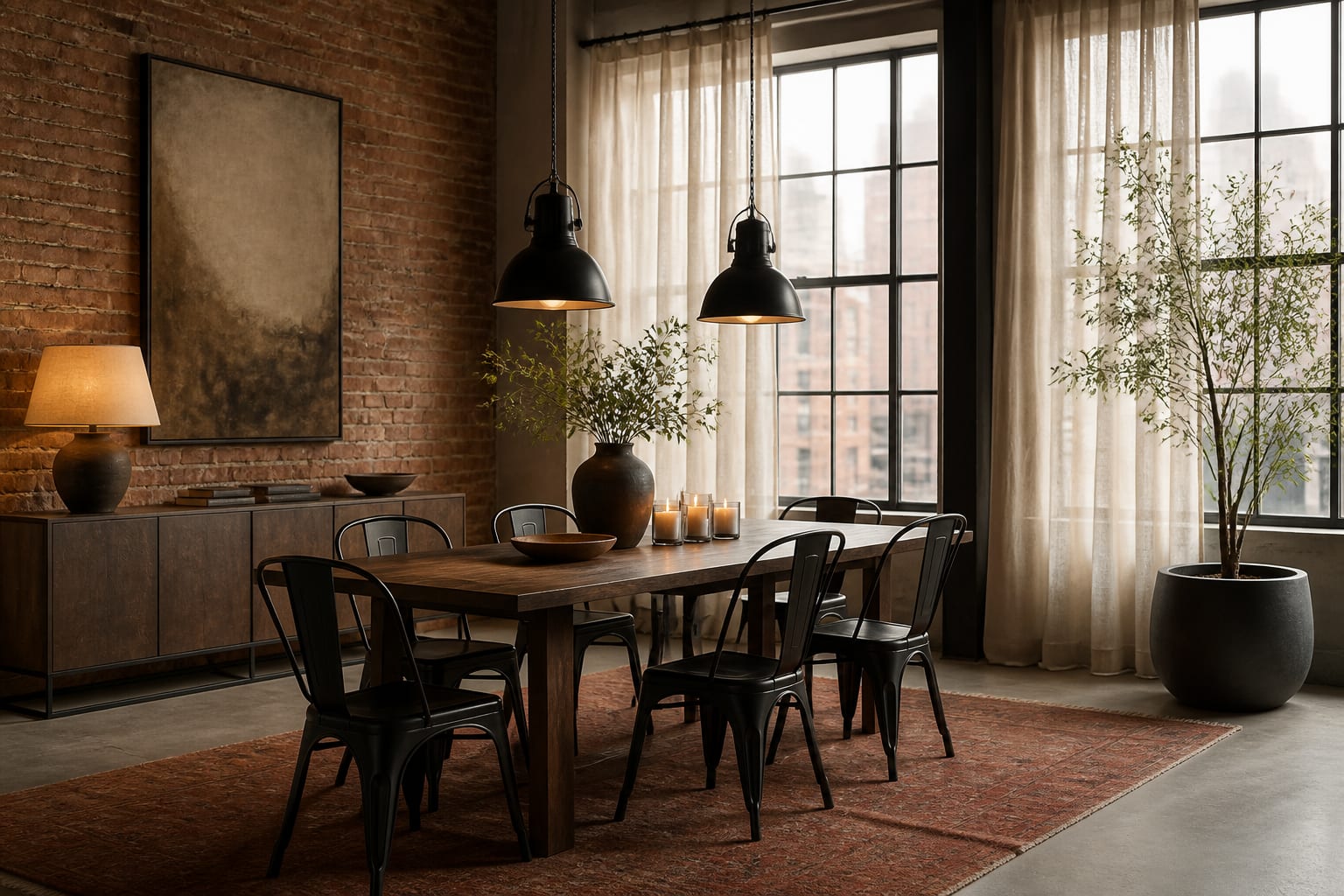 soft industrial dining area with black metal chairs, walnut table, linen curtains, rust rug, and warm pendant lighting