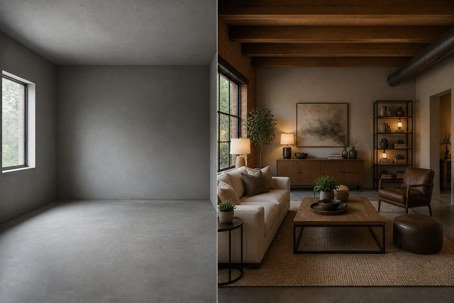 AI preview comparison of a plain gray room transformed into soft industrial style with warm wood, rugs, and black metal accents