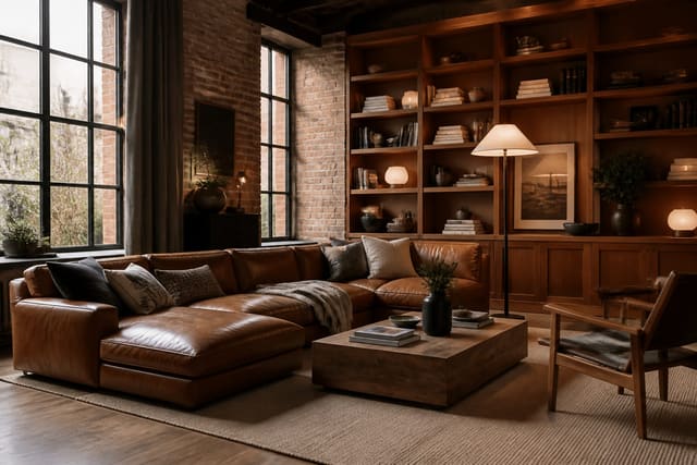 soft industrial living room with exposed brick, cognac leather, warm wood shelves, wool rug, and shaded lamps