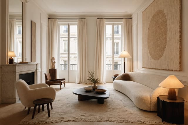 white apartment living room softened with oversized textile art, warm lamps, long curtains, and pale layered furniture