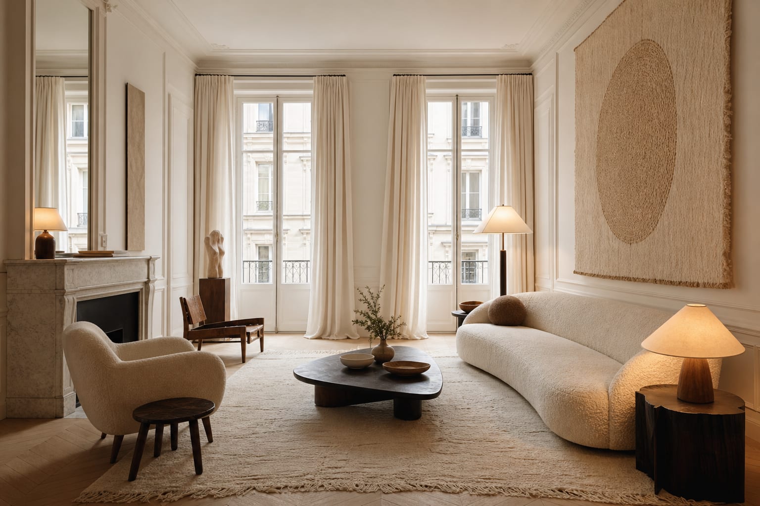 white apartment living room softened with oversized textile art, warm lamps, long curtains, and pale layered furniture