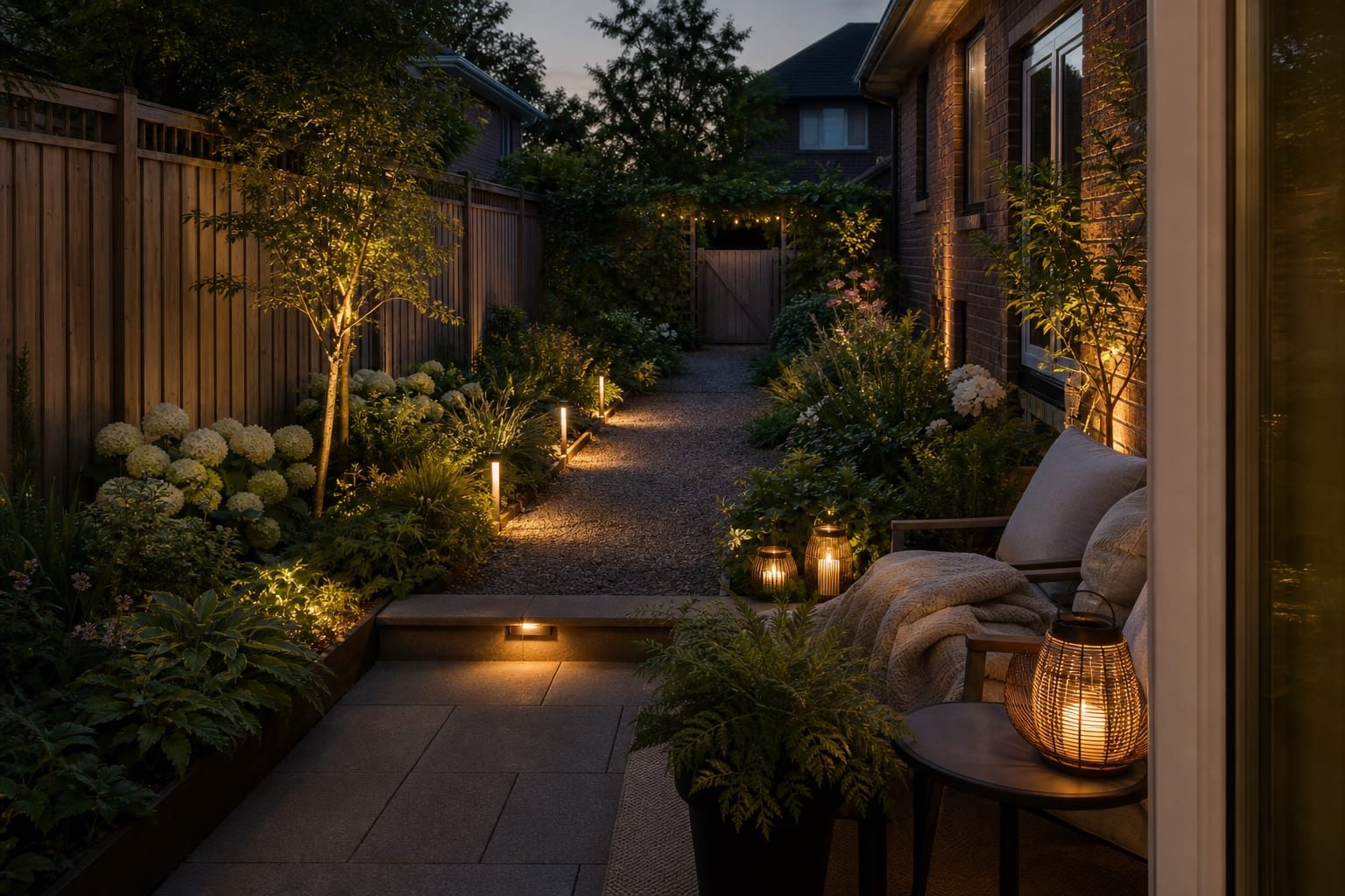 The same garden path with warm solar path lights spaced evenly, subtle step lighting, and a glowing patio seating area.