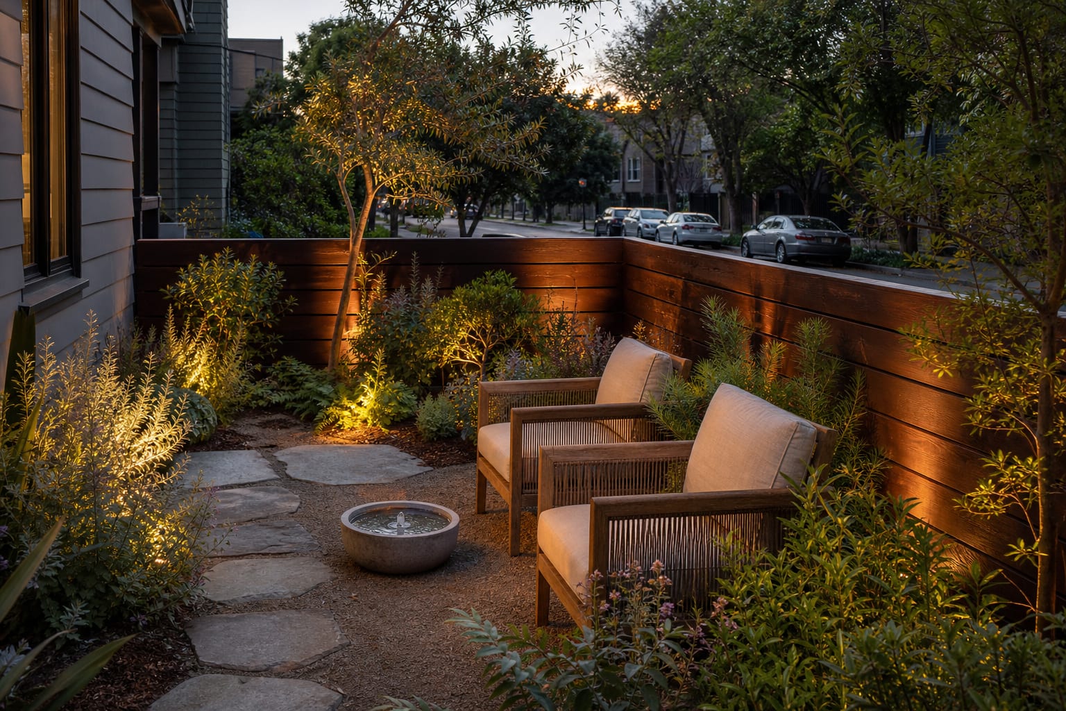 same garden angle with a solid timber sound barrier, layered shrubs, groundcover, and a small water bowl near sheltered seating